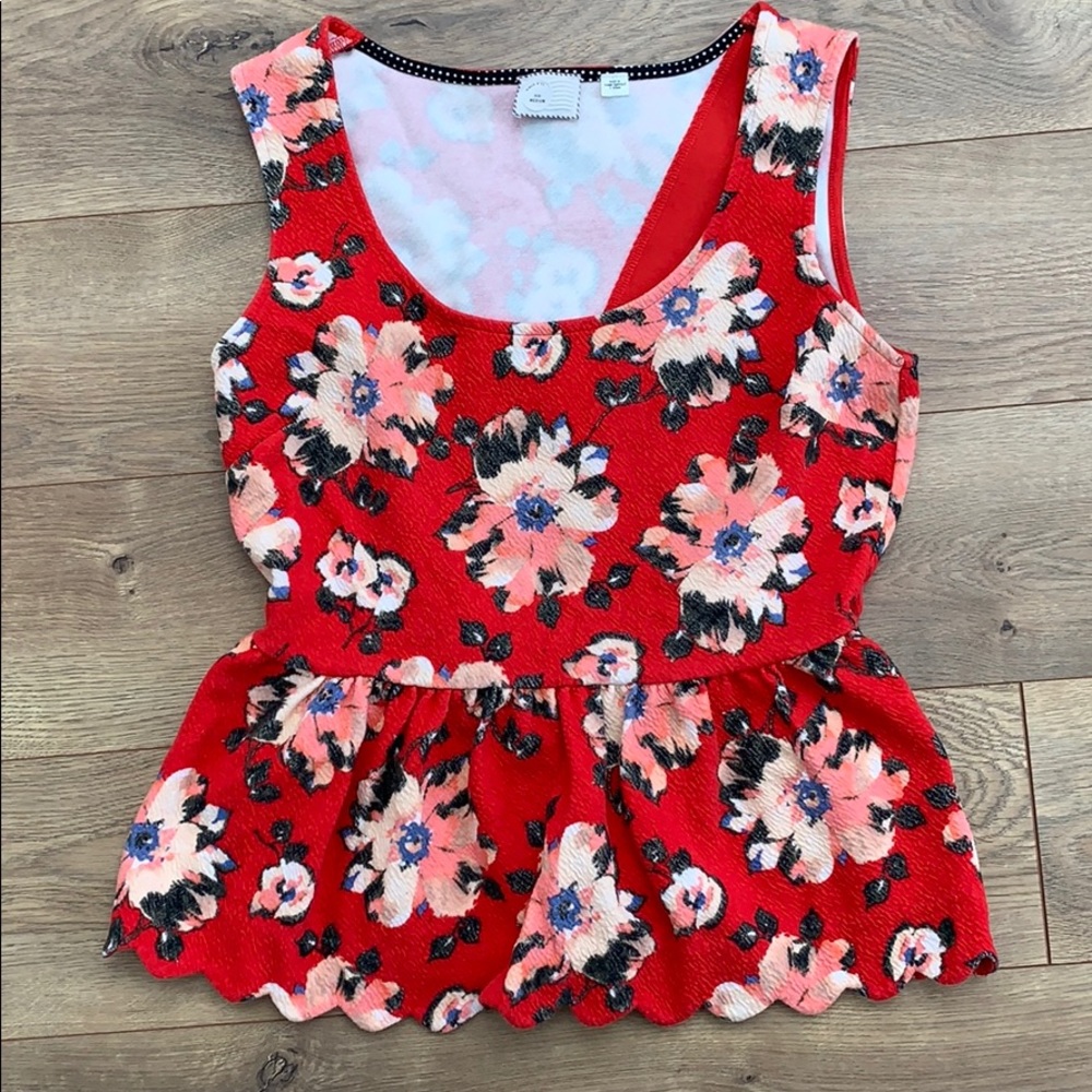 Anthropologie red floral peplum top